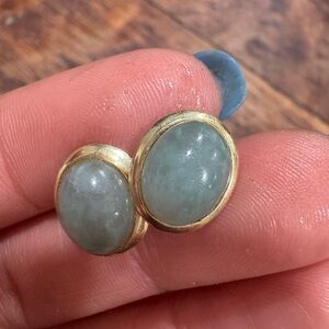 Gold-Trim Green Jade Oval Stud Earrings - Women Jewelry
